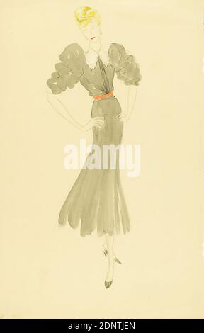 Ernst Dryden, woman in grey dress with puff sleeves, paper, Non-covering watercolor, watercolor, drawing, watercolor over pencil, Total: Height: 48,4 cm; Width: 31 cm, fashion and textile design, illustrations, fashion, clothing, women's fashion, dress Stock Photo