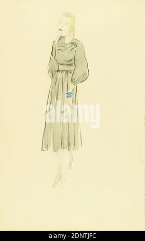 Ernst Dryden, woman in grey winter dress, paper, Non-covering watercolor, watercolor, drawing, watercolor over pencil, Total: Height: 48,8 cm; Width: 31,2 cm, fashion and textile design, illustrations, fashion, clothing, women's fashion, dress Stock Photo