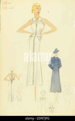 Ernst Dryden, donna in abito bianco e cappotto blu, carta, acquerello non opaco, matita, acquerello, disegno, acquerello su matita, totale: Altezza: 48.4 cm; larghezza: 32 cm, inscritto: Recto in alto a sinistra: 110 Abito, 111 cappotto, disegno, grafica, illustrazioni, moda, abbigliamento, moda donna, abito, giacca, cappotto, cappotto, cappello Foto Stock