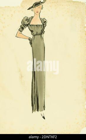 Ernst Dryden, donna in grigio, abito lungo, carta, matita, gouache, disegno, gouache su piombo, totale: Altezza: 48,4 cm; larghezza: 32 cm, disegno, grafica, disegni di design, illustrazioni, moda, abbigliamento, moda donna, abito Foto Stock