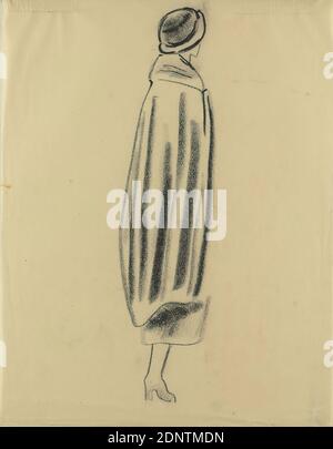 Gustav Heinrich Wolff, woman in cape, parchment, drawing charcoal, drawing, charcoal on parchment, total: height: 30 cm; width: 23.4 cm, drawing, graphics, sketches, standing figure, woman, fashion, clothing, jacket, coat, cape, hat, classic modernism, sketch of a lady elegantly dressed in the style of the 1920s with long cape, hat and heels, single sheet from a sketchbook Stock Photo