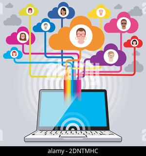 Un computer portatile che si connette agli amici tramite un social network online. Illustrazione Vettoriale