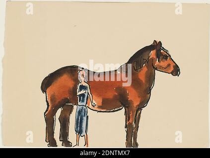 Gustav Heinrich Wolff, Donna di fronte a cavallo, inchiostro, cartone, acquerello non coperto, disegno a penna e inchiostro, acquerello, inchiostro e acquerello su cartone, totale: Altezza: 11.9 cm; larghezza: 16.9 cm, senza contrassegno, grafica gratuita, disegno, grafico, cavallo, donna, uomo e animale, Modernismo classico Foto Stock