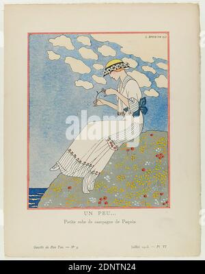 George Barber, un Peu Petite Robe de campagne de Paquin (Illustrazione di Gazette du Bon Ton, No.9 - Juillet 1913), carta, acquerello opaco, line over-etching, stencil printing (pochoir), pochoir e line etching, totale: Altezza: 24,5 cm; larghezza: 19 cm, firmato e datato: Recto o. re. In piastra: G. BARBIER 1913, inscritto: Recto u. in piatto: Un PEU Petite Robe de campagne de Paquin, stampa, donna, figura seduta, moda, abbigliamento, nuvole, godendo della natura, moda femminile, art deco Foto Stock