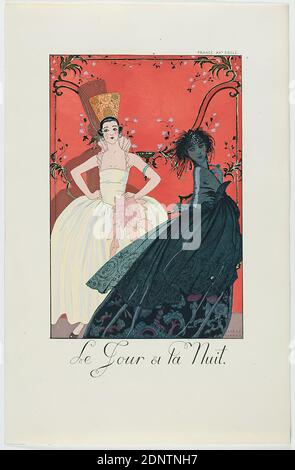 George Barbier, Meynial éditeur, Paris, le Jour et la Nuit, dal fashion almanac Falbalas et Fanfreluches 1922, carta fatta a mano, acquerello non opaco, acquaforte, stampa stencil (pochoir), coro e acquaforte, dimensione del foglio: Altezza: 24,8 cm; larghezza: 16,1 cm, firmato e inscritto: Sulla targa: GEORGE BARBIER, le Jour et la Nuit, inscritto: Nella lastra di stampa: FRANCE XXe SIECLE, stampa, Donna, Moda donna, Abito, giorno e notte, Notte, Moda, Abbigliamento, Art Deco Foto Stock