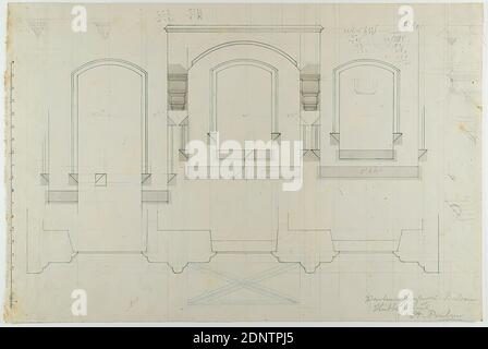 Theodor Bülau, Hübbe'se Haus, Ferdinandstr. 65, Amburgo. Portale, carta, penna, inchiostro, matita, disegno penna e inchiostro, lavato, dimensione foglio: Altezza: 27.5 cm; larghezza: 41.2 cm, inscritto: Recto: In piombo: Portale e balcone, Casa di Hübbe, A. Bülau, disegni di design, sezione attraverso un'architettura, finestra, disegno, pianta di un edificio, architettura Foto Stock