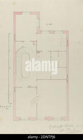 Theodor Bülau, Hübbe'se Haus, Ferdinandstr. 65, Amburgo. 1. Pianta del 3° piano, carta, penna, inchiostro, matita, penna e inchiostro, colorato, dimensioni del foglio: Altezza: 34 cm; larghezza: 42,8 cm, inscritto e datato: Recto: Con inchiostro: HB. ♀ [simbolo Venere] il 24 maggio 1844, inscritto: Recto: In piombo: Bozza Hübbe Haus, A. Bülau, disegni di progetto, progetto, pianta di un edificio Foto Stock