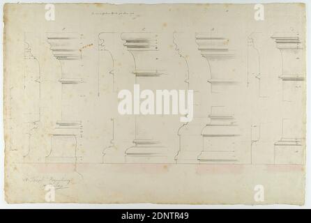 Theodor Bülau, St. Jakob, Ratisbona. Quattro capitelli con basi, carta, penna, inchiostro, matita, disegno a penna, colorati, dimensioni del foglio: Altezza: 33.3 cm; larghezza: 49.8 cm, inscritto: Recto: In piombo: San Giacobbe. Regensburg, A. Bülau, disegno, grafica, capitale (colonna, pilastro), base (colonna, pilastro), dettagli architettonici Foto Stock