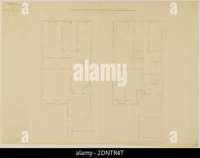 Theodor Bülau, Hübbe'se Haus, Ferdinandstr. 65, Amburgo. 1. Pianta del seminterrato e primo piano, carta, penna, inchiostro, matita, penna e inchiostro, dimensioni del foglio: Altezza: 37,5 cm; larghezza: 51,3 cm, inscritto: Recto: In piombo: Pianta eseguita, Casa di Hübbe, A. Bülau, disegno, grafico, bozza, pianta di un edificio Foto Stock