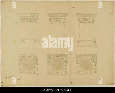 Theodor Bülau, San Giacomo, Ratisbona. Tre capitelli con basi, carta, penna, inchiostro, matita, disegno penna e inchiostro, dimensioni foglio: Altezza: 46.3 cm; larghezza: 62.1 cm, firmati, datati e inscritti: Recto: In piombo: San Giacobbe a Regensburg, Th. Bülau, Th. B. 1831, disegno, grafica, capitale (colonna, colonna), base (colonna, colonna), ornamenti, dettagli architettonici Foto Stock