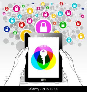 Un Tablet PC che presenta un simbolo di "chiave di sblocco" che rappresenta le opportunità di crittografia disponibili online. Illustrazione Vettoriale