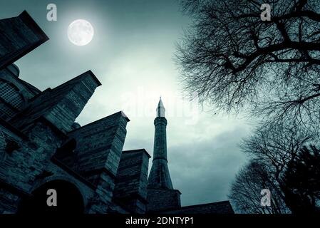 Notte magica con la luna sul vecchio minareto al Palazzo Topkapi a Istanbul, Turchia, immagine tonica Foto Stock