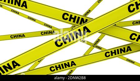 Cina. Nastri di avvertimento gialli con parole nere CINA. Isolato. Illustrazione 3D Foto Stock