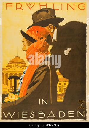 Kunst im Druck, Ludwig Hohlwein, Primavera a Wiesbaden, carta, litografia, totale: Altezza: 86 cm; larghezza: 62,7 cm, firma: Recto u. r. im Druck: LUDWIG HOHLWEIN, MONACO di BAVIERA, manifesti turistici, viaggi/turismo, città, vista città (veduta), facciata, casa, edificio, spa, bagno Foto Stock