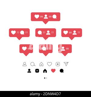 Set di icone a comparsa Instagram. Illustrazione del vettore di notifica dei social media Illustrazione Vettoriale