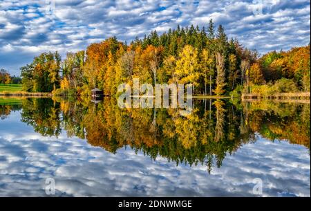 Umore autunnale all'Haarsee, vicino a Weilheim, Pfaffenwinkel, Foreland Alpina, alta Baviera, Baviera, Germania, Europa Foto Stock