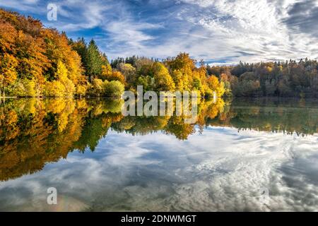 Umore autunnale all'Haarsee, vicino a Weilheim, Pfaffenwinkel, Foreland Alpina, alta Baviera, Baviera, Germania, Europa Foto Stock