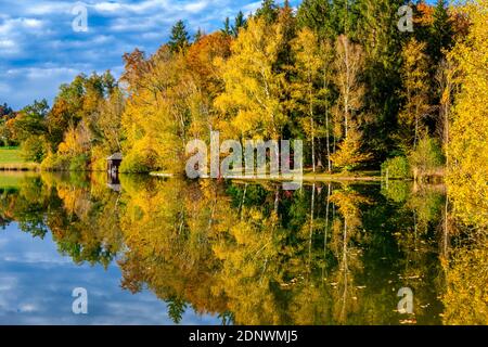 Umore autunnale all'Haarsee, vicino a Weilheim, Pfaffenwinkel, Foreland Alpina, alta Baviera, Baviera, Germania, Europa Foto Stock