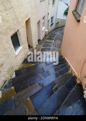 Ripidi passi giù per vicolo tra le case, Tower Street, Bideford, North Devon, Regno Unito Foto Stock