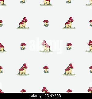 Cute sesso neutro topadstool modello vettoriale. Funghi fly agarico arredamento casa cartone animato fungo. Micologia velenosa boho senza cuciture su tutta la stampa. Illustrazione Vettoriale