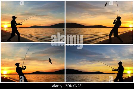 Silhouette di un uomo che pesca con la scarpa al tramonto -collage imposta foto Foto Stock