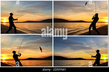 Silhouette di un uomo che pesca con la scarpa al tramonto -collage imposta foto Foto Stock