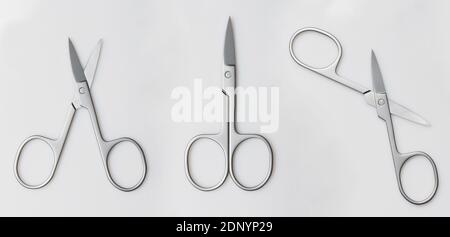 Forbici in metallo per manicure vista diversa isolato su sfondo bianco dello studio Foto Stock
