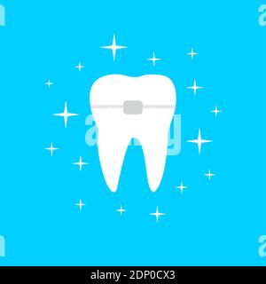 Dente bianco con tutore ortodontico e lustra illustrazione stelle effetto isolato su sfondo blu Illustrazione Vettoriale