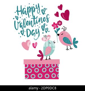 Tessera vacanze per valentine giorno con immagine di uccelli, scatola regalo e lettere, in grafica vettoriale su sfondo bianco. Per la progettazione di cartoline Illustrazione Vettoriale