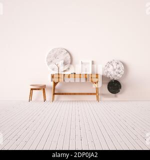 Scrivania scandinava con sgabello, piante da interno e Mockup a telaio  piccolo su scrivania. Colori pastello e forme minimal con cornice vuota  Mockup è la be Foto stock - Alamy