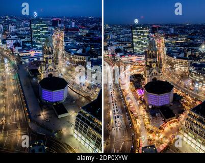 Berlino, Germania. 18 Dicembre 2020. KOMBO - la Breitscheidplatz con la Chiesa commemorativa dell'Imperatore Guglielmo al tramonto il 18.12.2020 (l), il mercatino di Natale non si svolgerà quest'anno a causa di Corona. La foto a destra mostra la vivace piazza del 10.12.2019 con numerose bancarelle del mercatino di Natale. Il 19.12.2020 segna il quarto anniversario dell'attacco terroristico al mercatino di Natale di Breitscheidplatz. Credit: Christoph Soeder/dpa/Alamy Live News Foto Stock