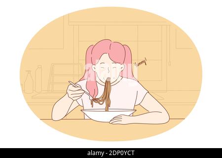 Eating yummy homemade food. Positive hungry girl sitting eating spaghetti pasta noodles with sauce for dinner at home. Healthy lunch meal supper meal Stock Vector