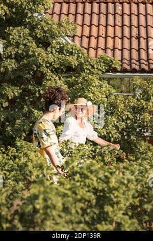 Women talking in garden Stock Photo