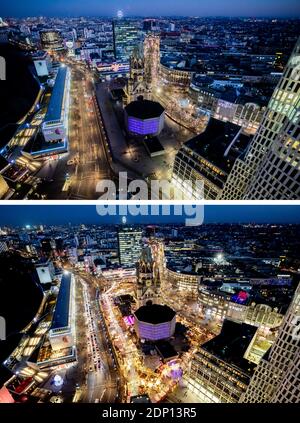 Berlino, Germania. 18 Dicembre 2020. KOMBO - la Breitscheidplatz con la Chiesa commemorativa dell'Imperatore Guglielmo al tramonto il 18.12.2020 (in alto), il mercatino di Natale non si svolgerà quest'anno a causa di Corona. La foto in basso mostra la piazza affollata del 10.12.2019 con numerose bancarelle del mercatino di Natale. Il 19.12.2020 è il quarto anniversario dell'attacco terroristico al mercatino di Natale di Breitscheidplatz. Credit: Christoph Soeder/dpa/Alamy Live News Foto Stock