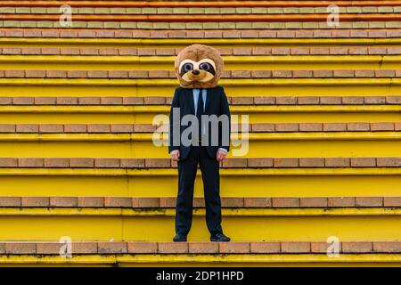 Uomo d'affari in abito nero con maschera di mierkat in piedi sulle scale Foto Stock