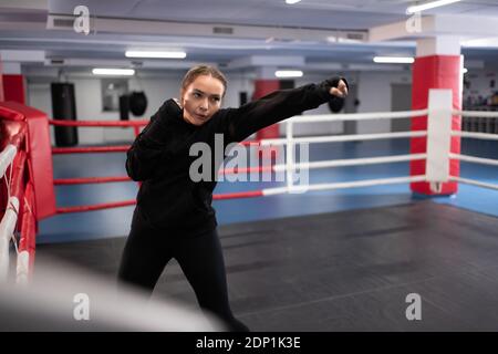 Powerful boxer doing jab punch and looking away while shadow boxing on ring during training in modern facility Stock Photo