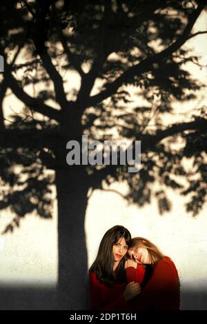 Giovane donna appoggiata sulla spalla dell'amico in piedi contro l'albero ombra Foto Stock