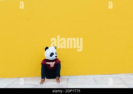 Uomo che indossa la maschera da panda mentre si siede contro il muro giallo Foto Stock