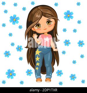 Carina bambina in jeans con stelle. Allegro bambino divertente di buon umore. Oggetto isolato su sfondo bianco. Bambino giovane in beachwear. Cartone animato Illustrazione Vettoriale