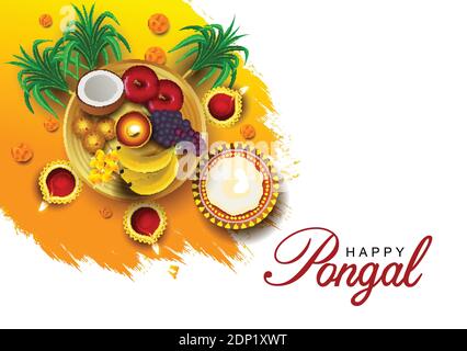 Festa indiana Happy Pongal con i props del pongal, sfondo di festa con il piatto, biglietto d'auguri di celebrazione del Pongal, disegno di illustrazione del vettore. Illustrazione Vettoriale