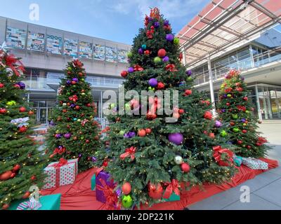 Ampio angolo di una mostra di Natale all'aperto con alberi di Natale decorati e regali in Alexander Square a San Ramon, California, 6 dicembre 2020. () Foto Stock