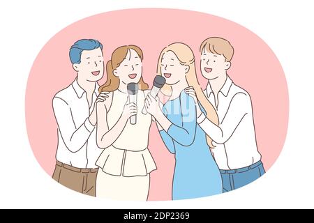 Ascolto di musica, canto, concetto di ricreazione. Gruppo di giovani sorridenti che cantano canzoni in karaoke e si divertono insieme. Musica l Illustrazione Vettoriale