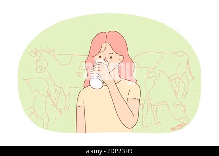 Fresh cow farm milk concept. Small girl standing and drinking fresh organic dairy milk from glass or bottle on farm with eating cows at background. He Stock Vector