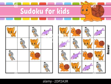 Sudoku for kids. Education developing worksheet. Activity page with pictures. Puzzle game for children and toddler. Logical thinking training. Isolate Stock Vector