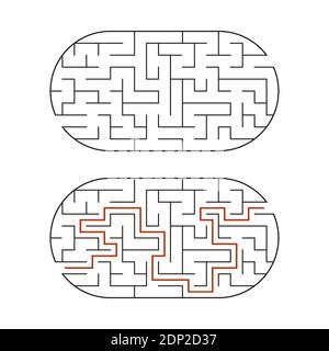 Labirinto ovale nero. Gioco per bambini. Puzzle per bambini. Labirinto enigma. Immagine vettoriale piatta isolata su sfondo bianco. Con la risposta Illustrazione Vettoriale