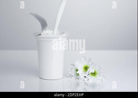 Una tazza generica, bianca, di plastica di yogurt bianco su sfondo bianco con i fiori bianchi; spruzzi di yogurt Foto Stock