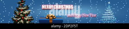 Buon Natale e Felice anno nuovo, sullo sfondo neve e legno di pino decorato, Capodanno e regali di Natale, banner web, illustrazione Foto Stock