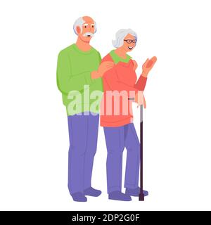Coppia anziana in piedi hugging, flat vettore illustrazione isolato su bianco. Illustrazione Vettoriale