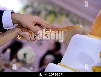 Sposa e lo sposo il taglio di torta di nozze Foto Stock