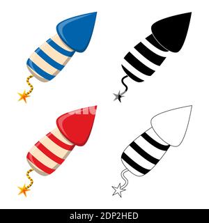 Set di icone di petardi da razzo per fuochi d'artificio. Collezione di simboli per la celebrazione del nuovo anno. Elemento di design rosso, blu, profilo e silhouette. Ottimo per banner o party i Illustrazione Vettoriale